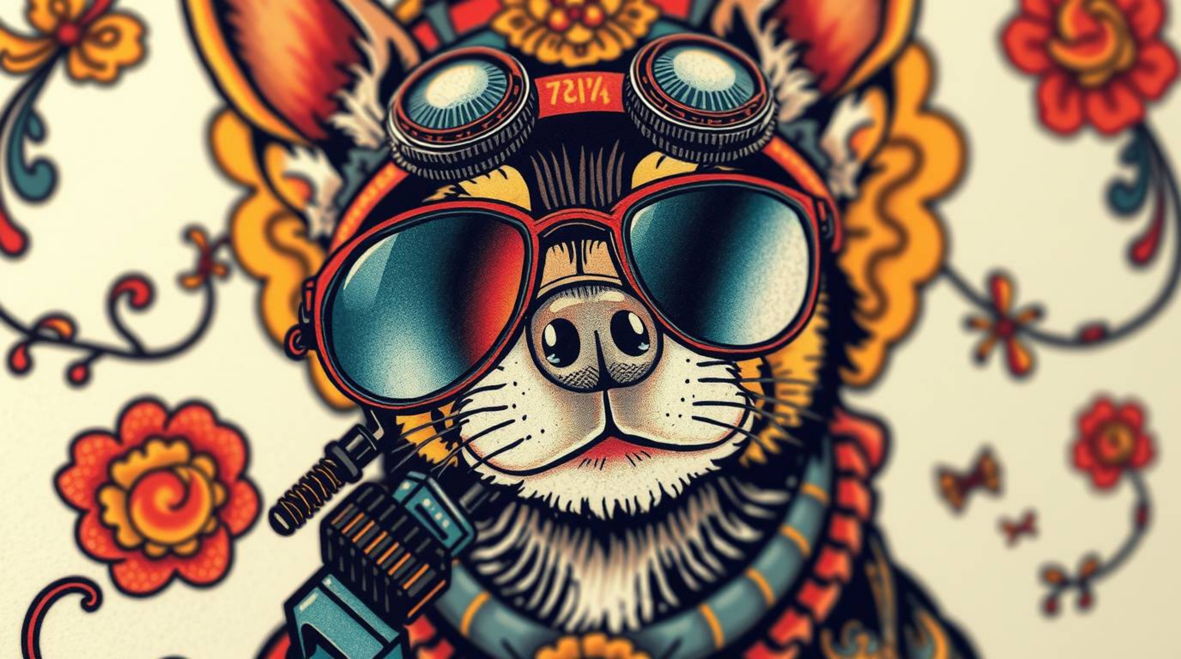 A vibrant, retro-style tattoo art print featuring a dog detective equipped with high-tech gadgets. This extreme close-up show