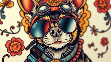A vibrant, retro-style tattoo art print featuring a dog detective equipped with high-tech gadgets. This extreme close-up show