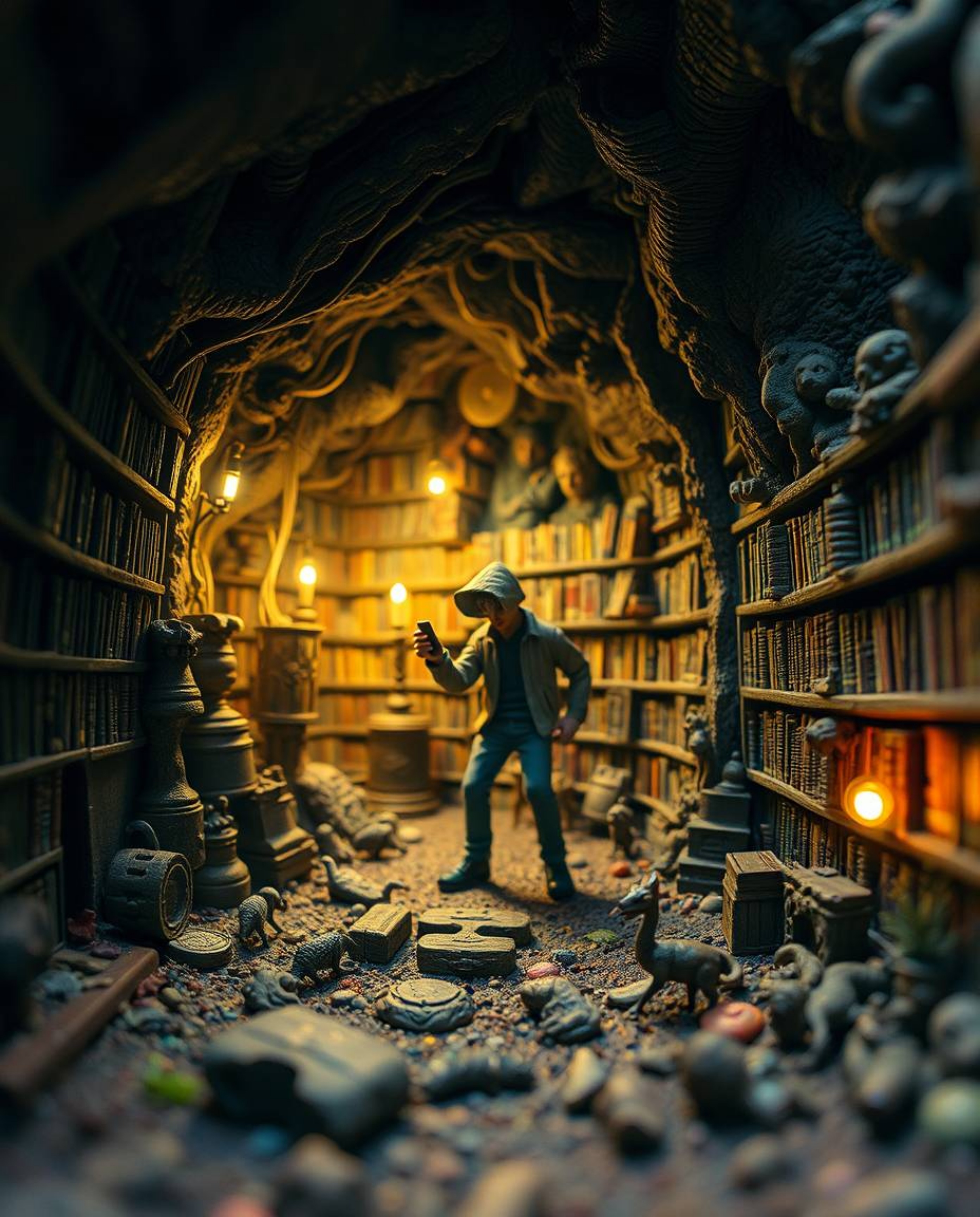 Explore a dreamlike reality in this extreme macro close-up photograph. Witness a person's discovery of a hidden underground l