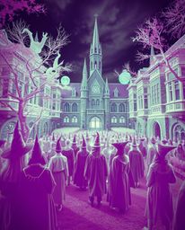 Explore an infrared spectrum image of a magical school teeming with young wizards, showcasing surreal tones and an otherworld