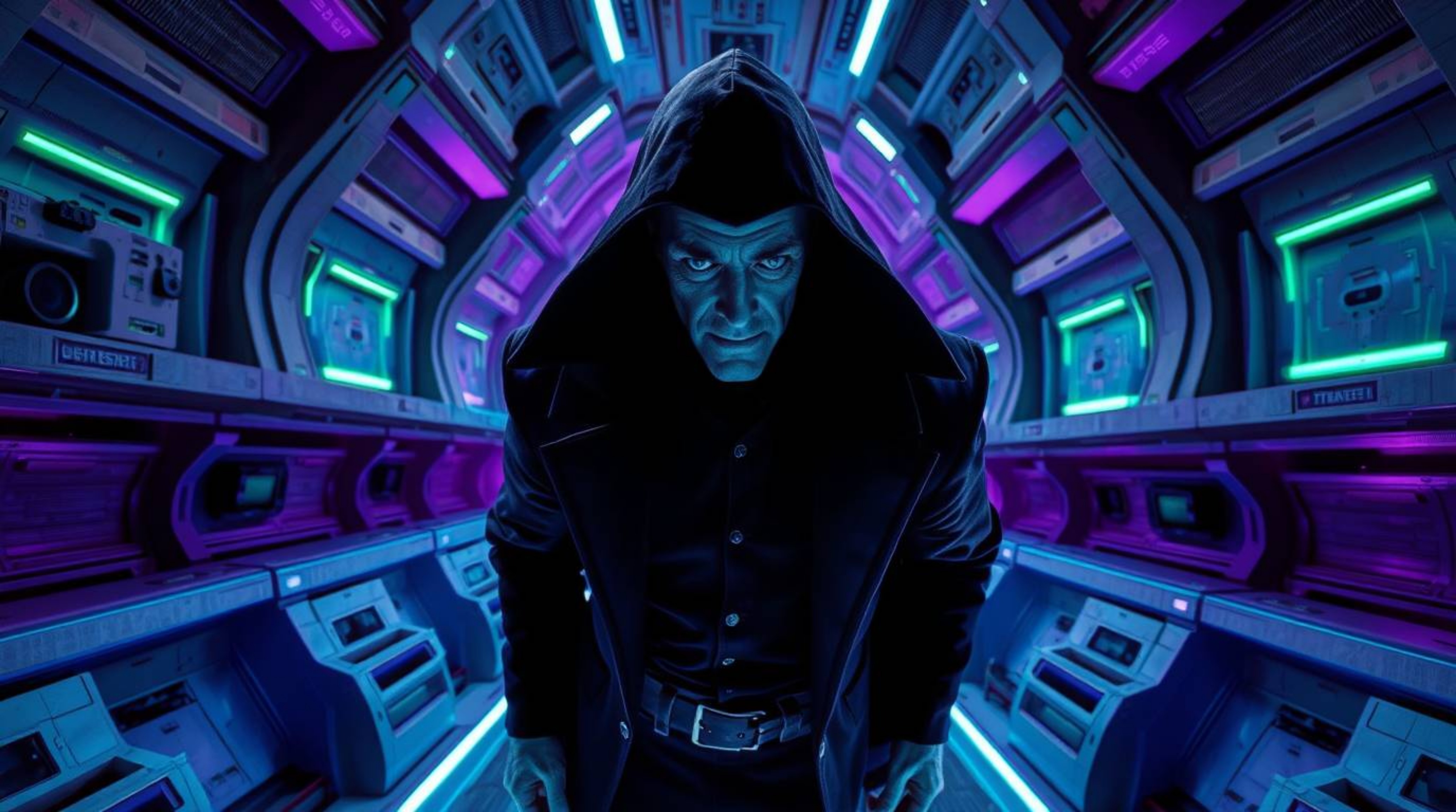 Precise architectural color photography captures a villain amidst a funny breakdown within a cool-toned, high-tech lair. Blue