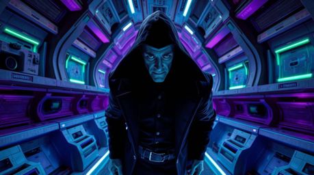 Precise architectural color photography captures a villain amidst a funny breakdown within a cool-toned, high-tech lair. Blue