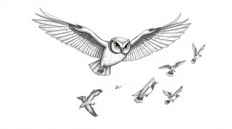 A heartwarming hand-drawn sketch depicts a blind owl, rendered in a charming Pixar-esque style, teaching a diverse flock of b