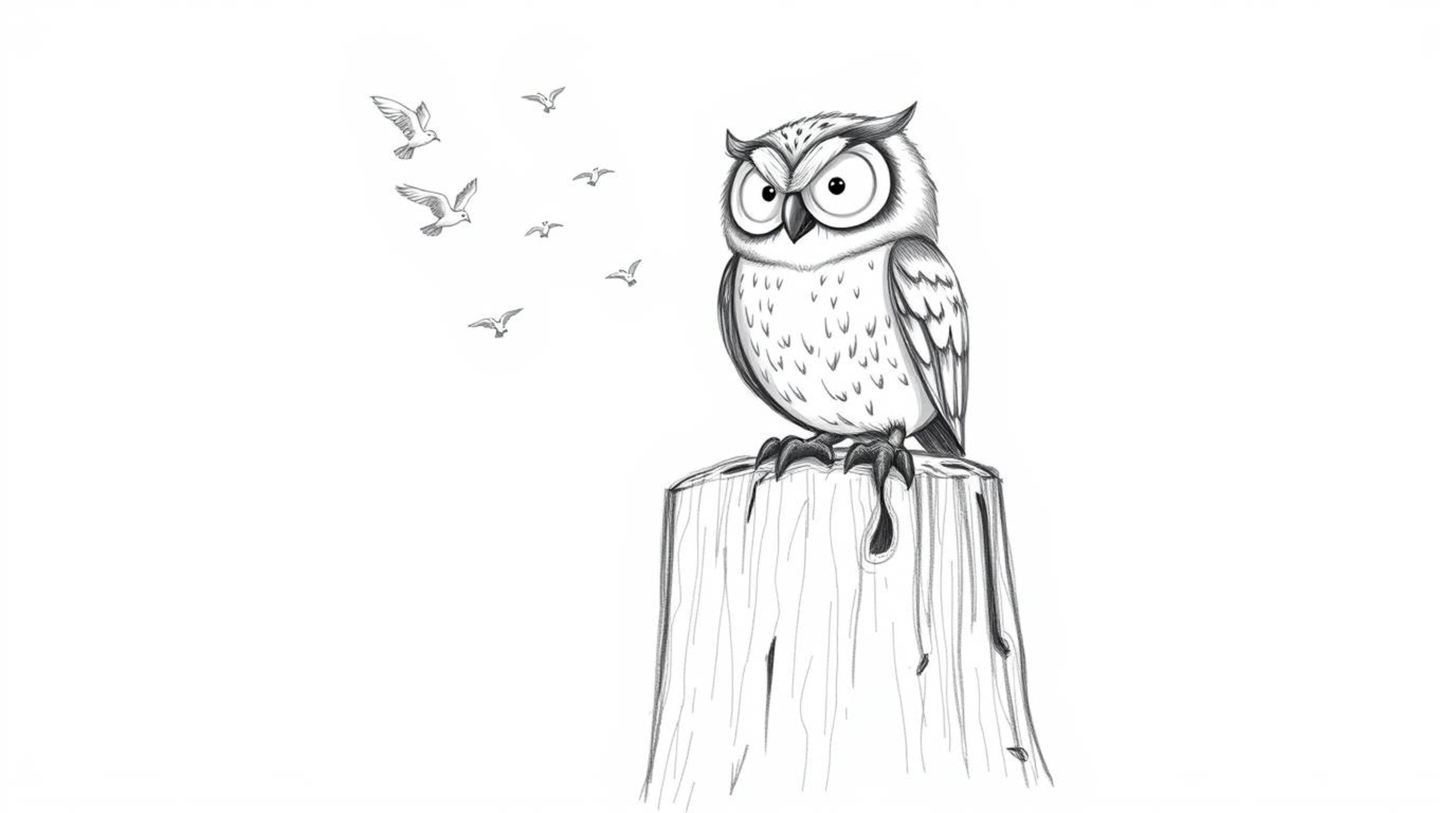A heartwarming Pixar-style sketch depicts a blind owl, distinguished by gentle wrinkles, perched proudly on a weathered tree 
