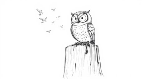 A heartwarming Pixar-style sketch depicts a blind owl, distinguished by gentle wrinkles, perched proudly on a weathered tree 