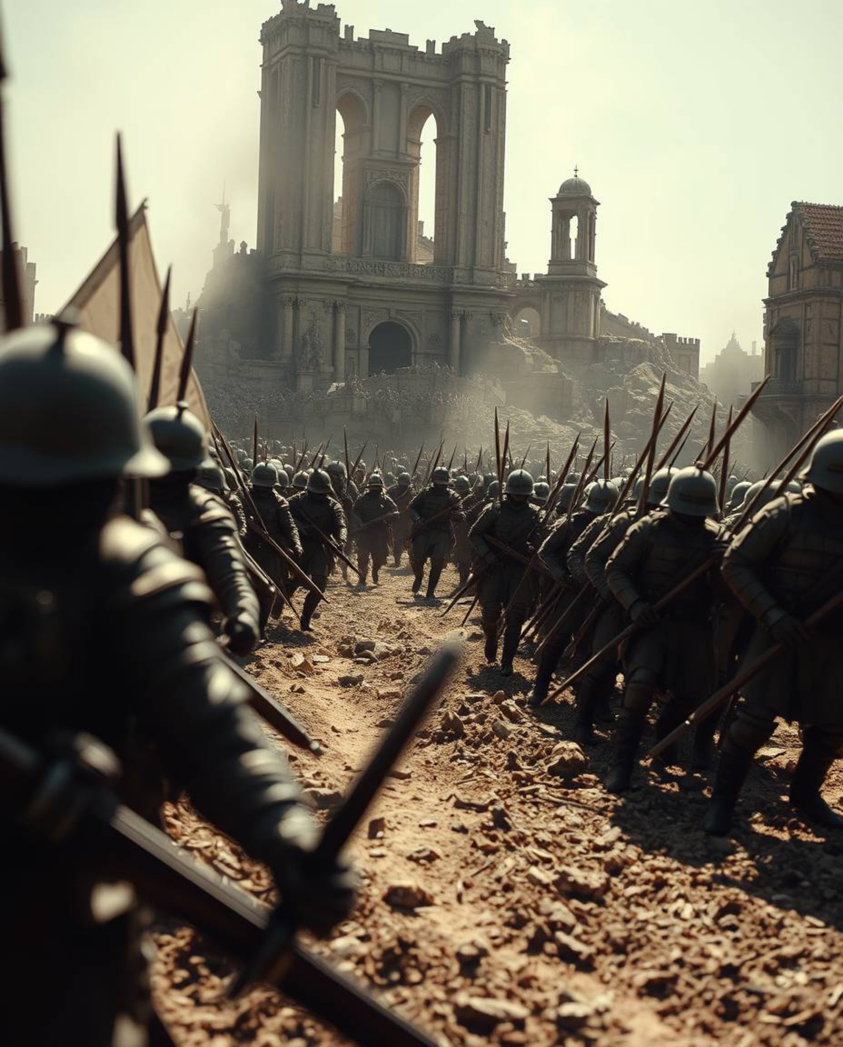 This image captures a dramatic close-up of a battlefield where time seems to have fractured, showcasing soldiers and structur
