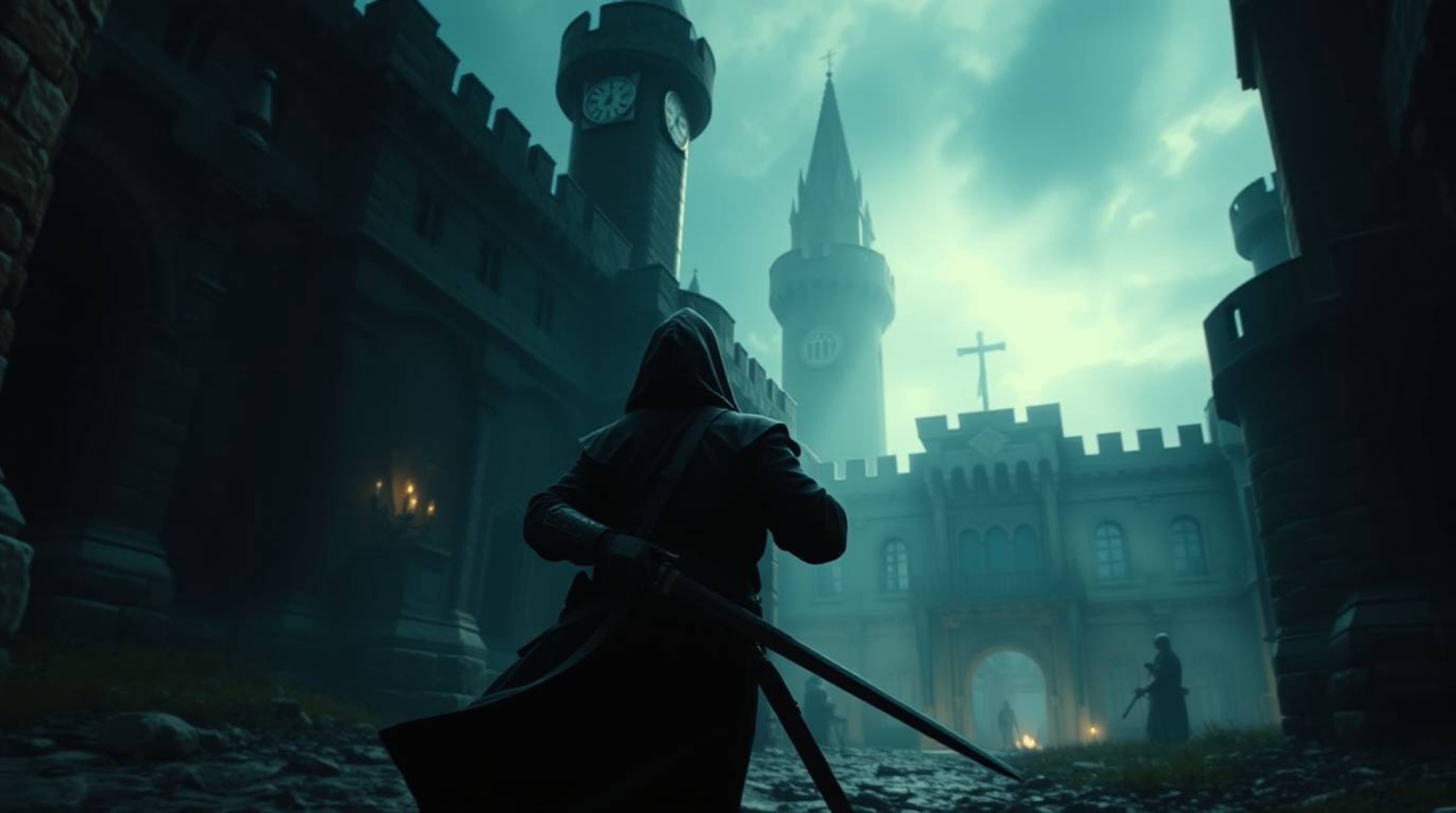 Experience a dramatic cinematic scene of a thief infiltrating a heavily guarded castle. This visually stunning portrayal feat