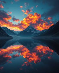 A creative light art piece shows the reflections of fiery clouds in a mountain lake, employing smooth gradient transitions an