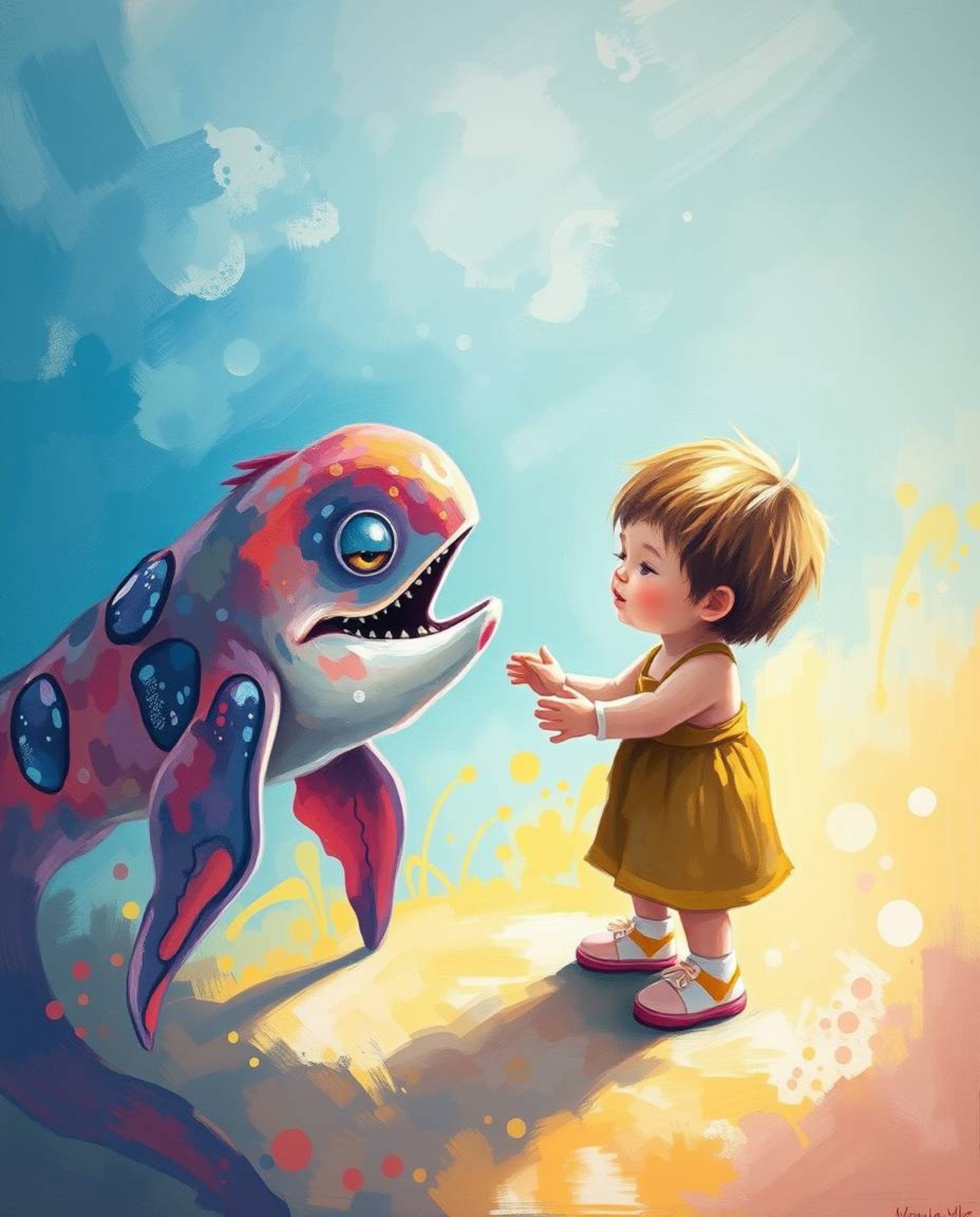 A captivating acrylic painting depicts a heartwarming scene of friendship between a child and a sea creature.  Bathed in gent