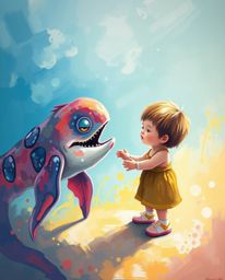 A captivating acrylic painting depicts a heartwarming scene of friendship between a child and a sea creature. Bathed in gent