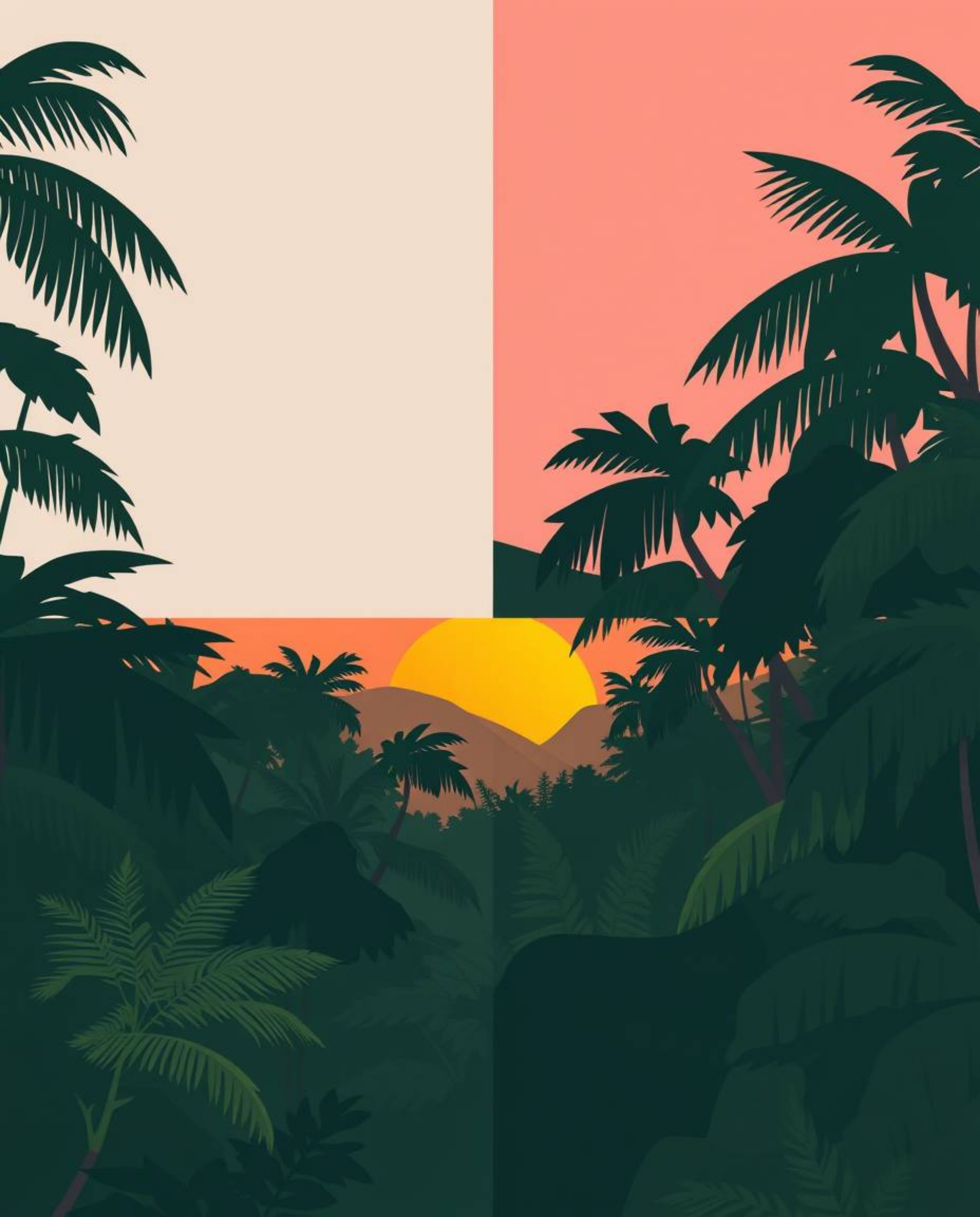 A modern flat design illustration depicting a sunset through a dense jungle canopy. This artwork features a distinct split co
