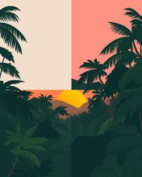 A modern flat design illustration depicting a sunset through a dense jungle canopy. This artwork features a distinct split co