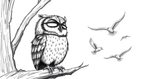 A heartwarming hand-drawn sketch in the style of Pixar depicts a wise, blind owl guiding diverse birds through flight trainin