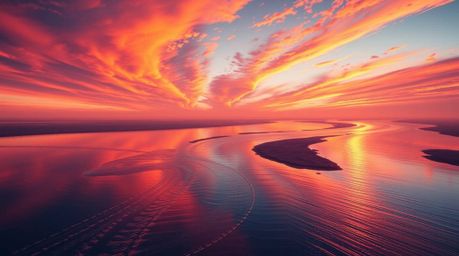 Explore a mesmerizing digital art piece featuring a winding river bathed in the radiant glow of a dramatic orange-pink sky. I