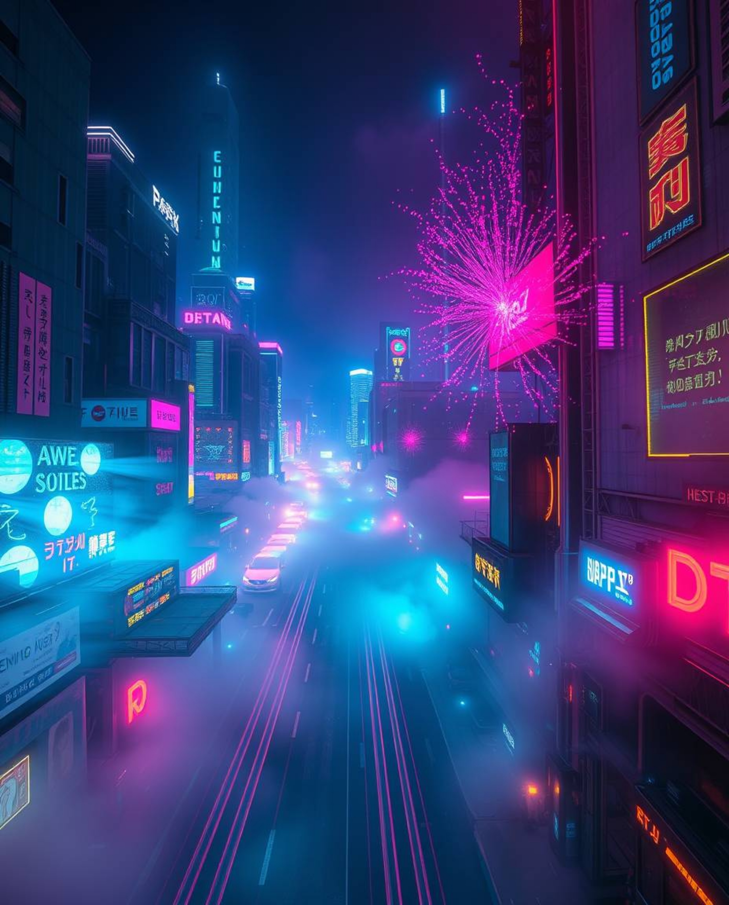A captivating long exposure photograph showcases a futuristic cyberpunk cityscape bathed in vibrant neon lights.  Volumetric 