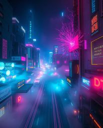 A captivating long exposure photograph showcases a futuristic cyberpunk cityscape bathed in vibrant neon lights.  Volumetric 