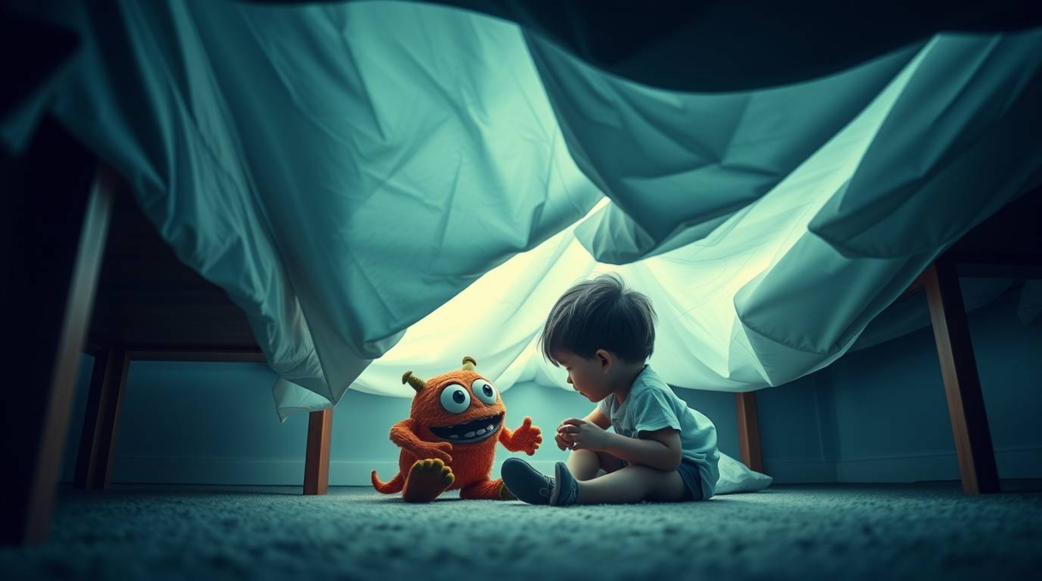 A heartwarming architectural color photograph captures the unlikely friendship between a child and an adorable monster under 