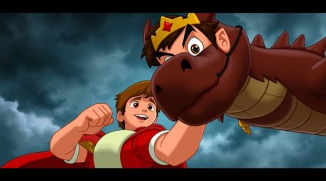 A captivating depiction of a charming prince bravely battling a fearsome dragon, rendered in the vibrant style of 1950s anima