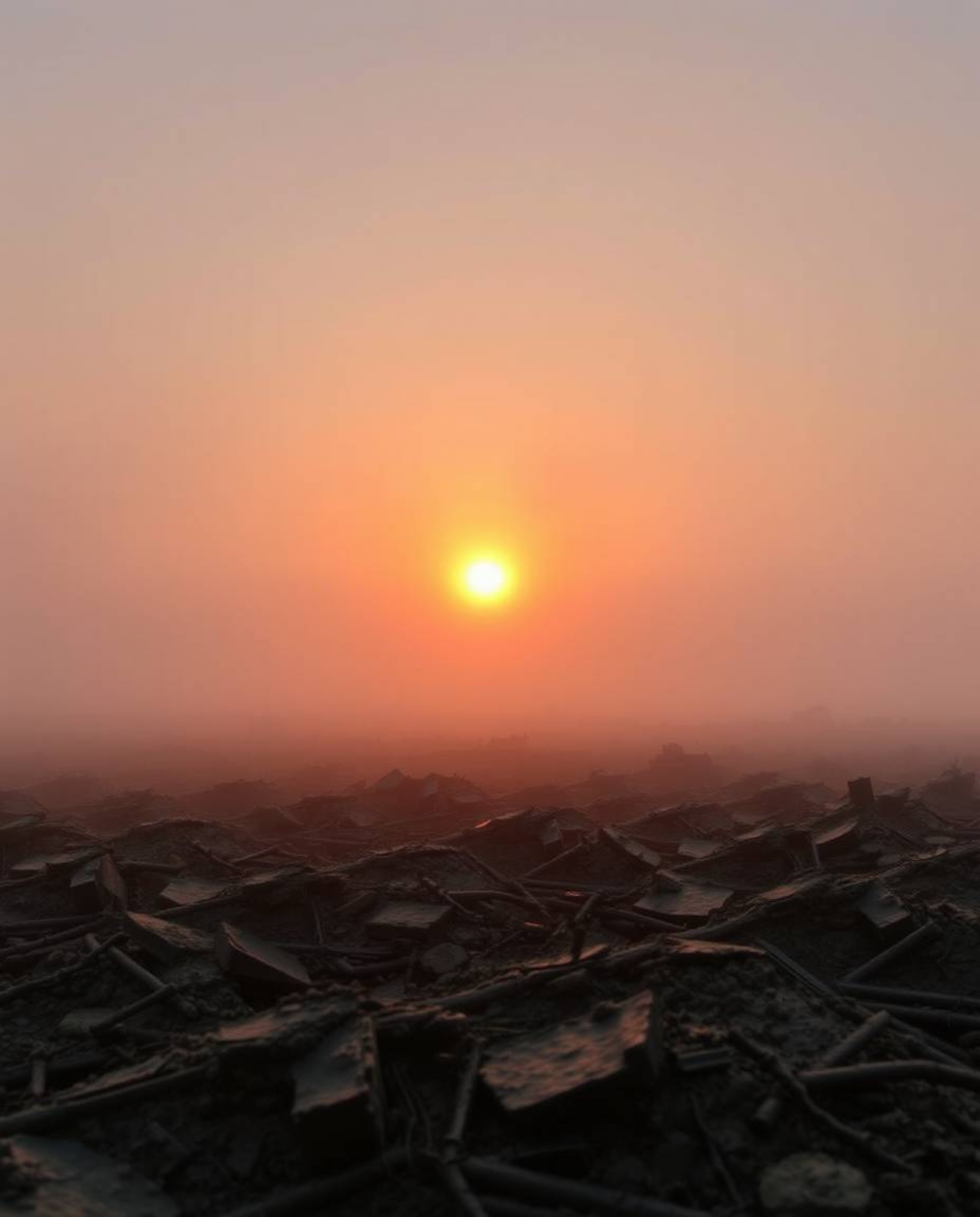 A captivating cast bronze sculpture depicts a sunrise breaking through thick fog over a war-torn landscape.  The antique pati