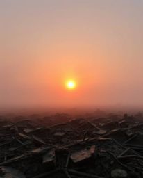A captivating cast bronze sculpture depicts a sunrise breaking through thick fog over a war-torn landscape.  The antique pati