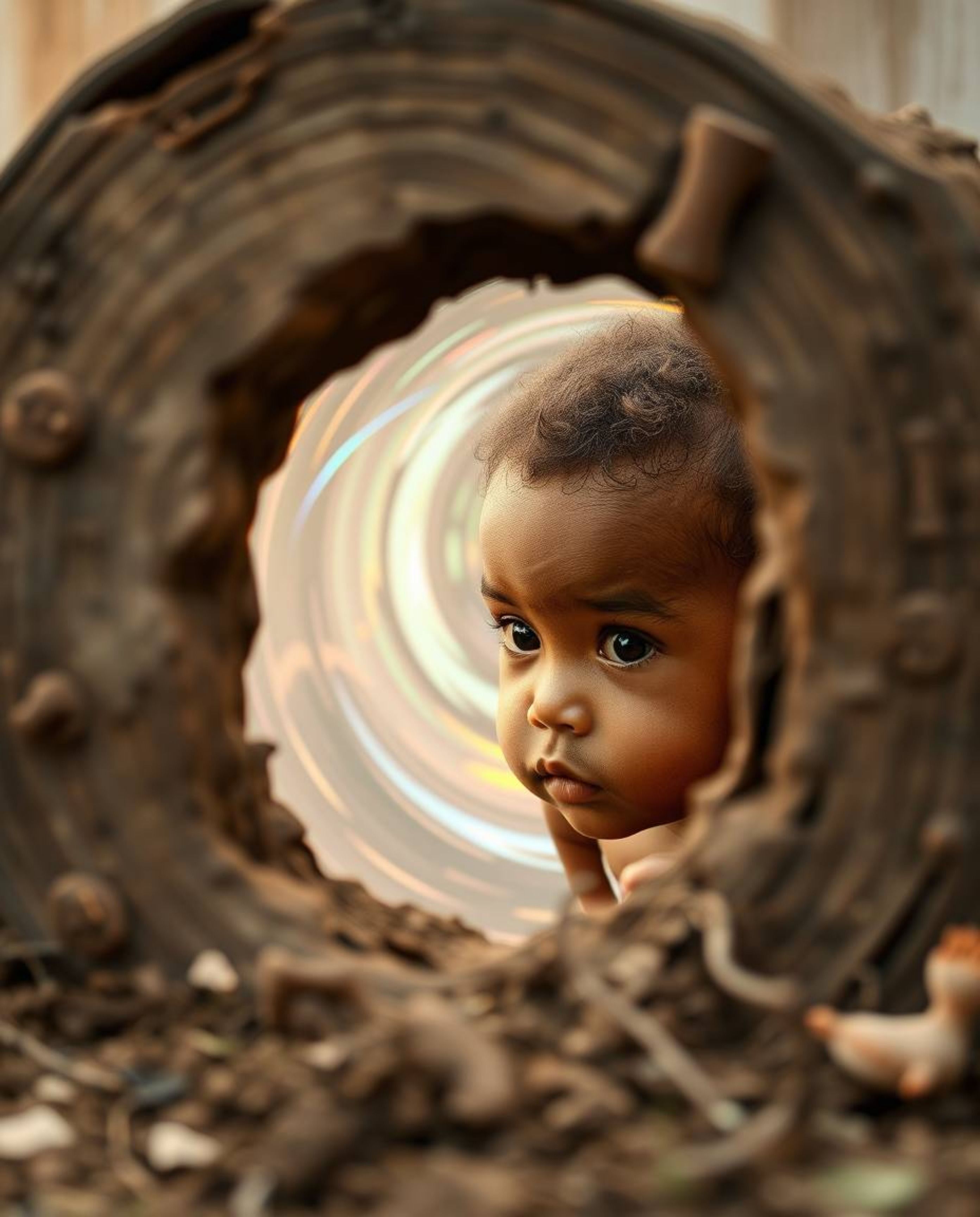 A high-resolution stock photo of a child with light brown skin and a curious expression encountering a swirling, iridescent p