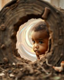A high-resolution stock photo of a child with light brown skin and a curious expression encountering a swirling, iridescent p