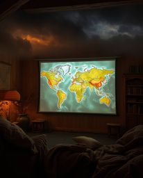 A captivating image depicting a glowing map projected onto the wall of an old study, bathed in warm autumnal colors. The scen