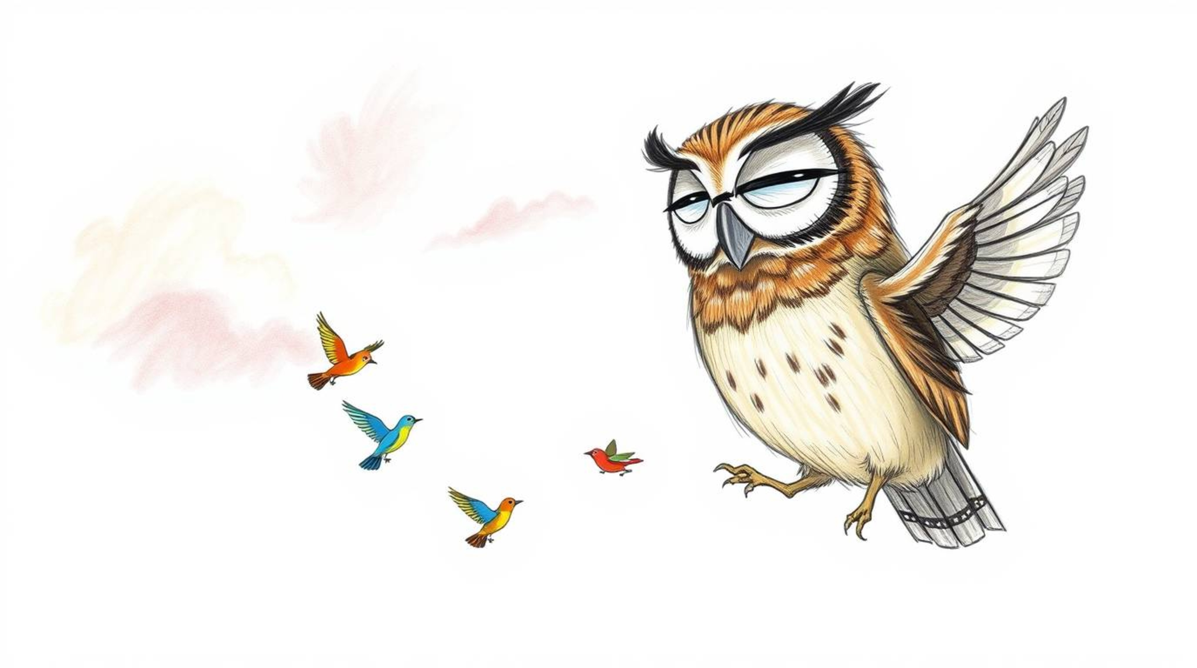 A charming hand-drawn sketch in the heartwarming Pixar style captures a blind owl with downy brown feathers and a serene expr