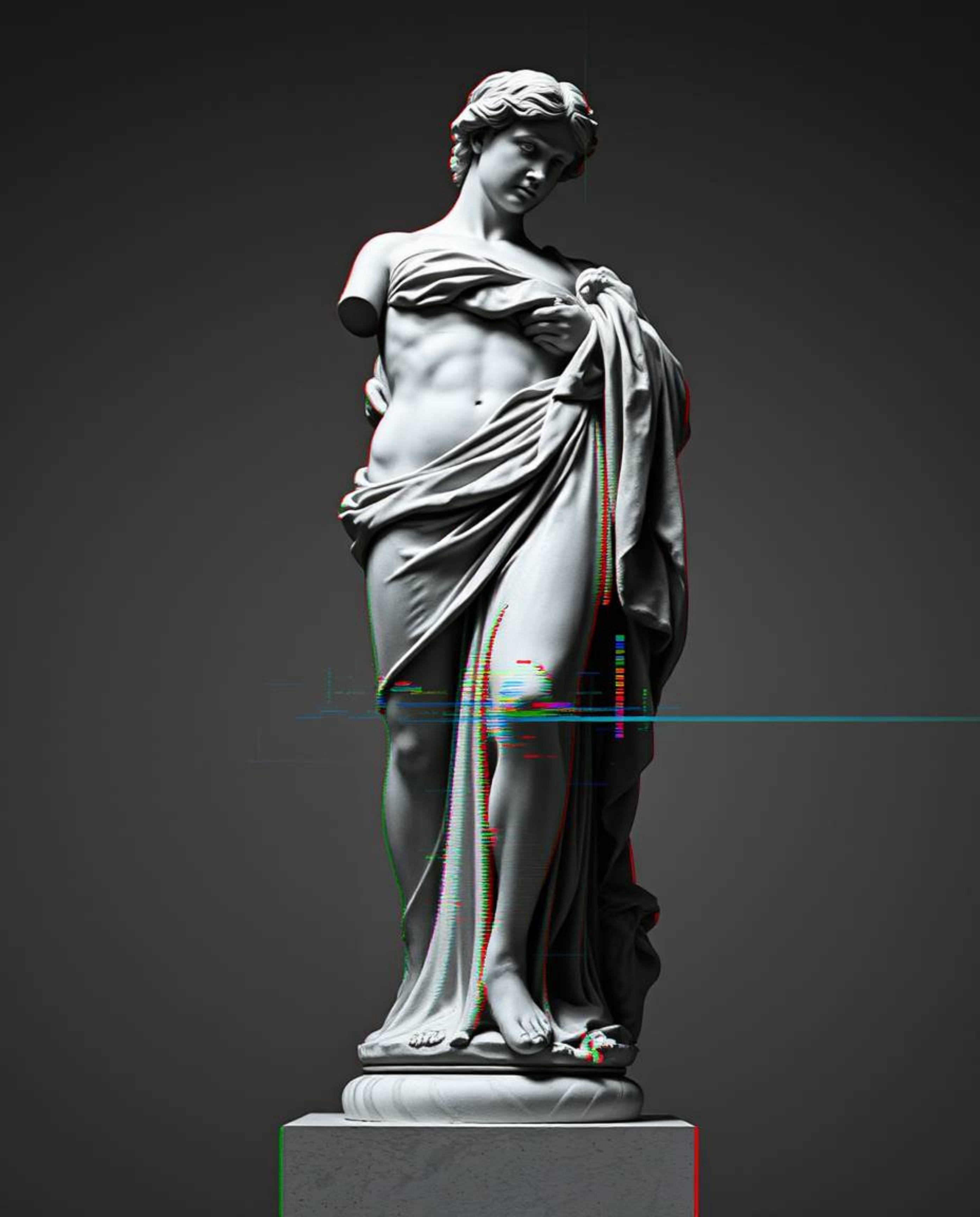 A striking black and white image showcasing a classical sculpture disrupted by a vibrant glitch effect, exploring themes of d