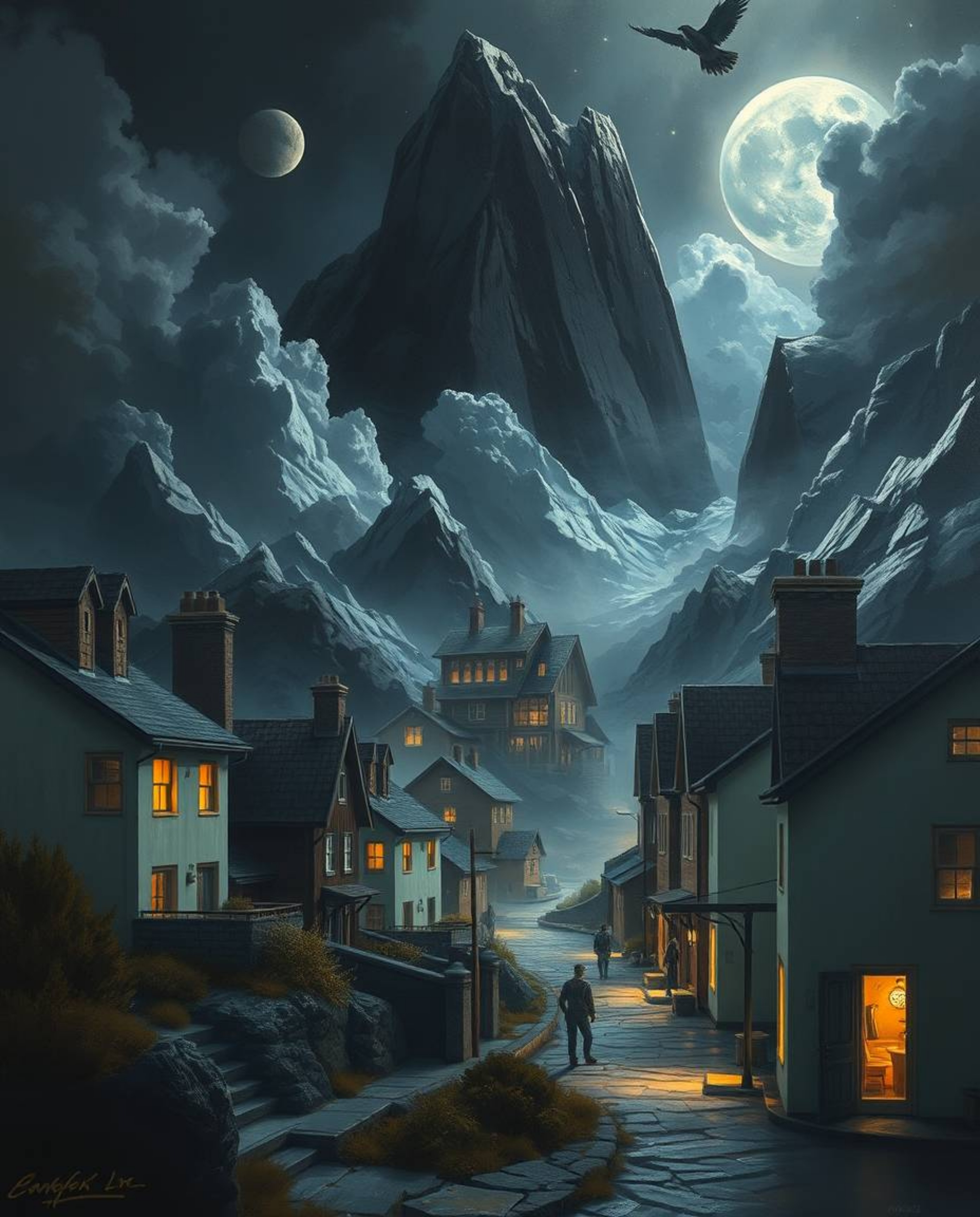 A captivating image depicting a sleepy town in a modern future setting, rendered in the style of a classic oil painting.  Pas