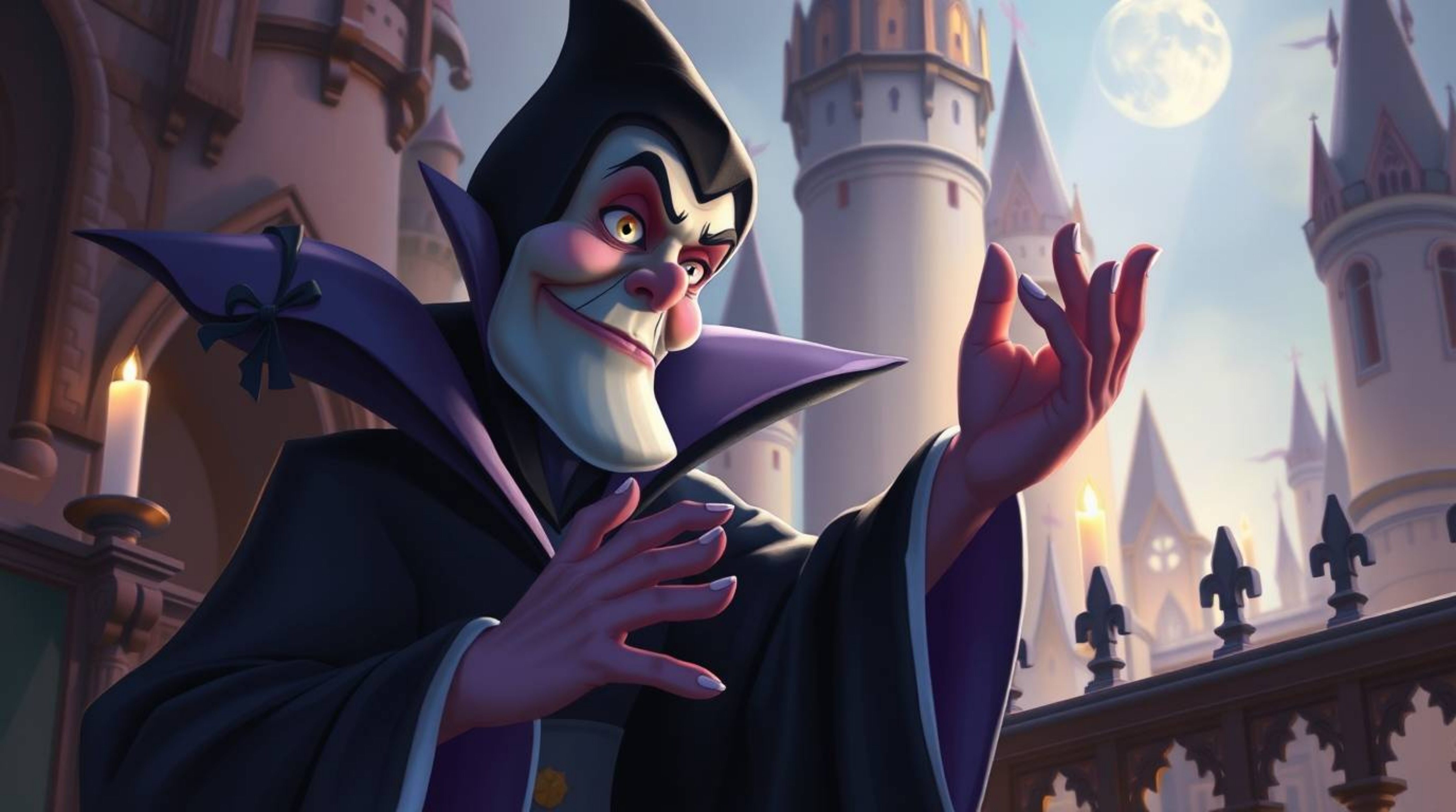 A stunning pastel painting depicts a classic Disney villain with delicate features, deeply engrossed in casting a spell withi