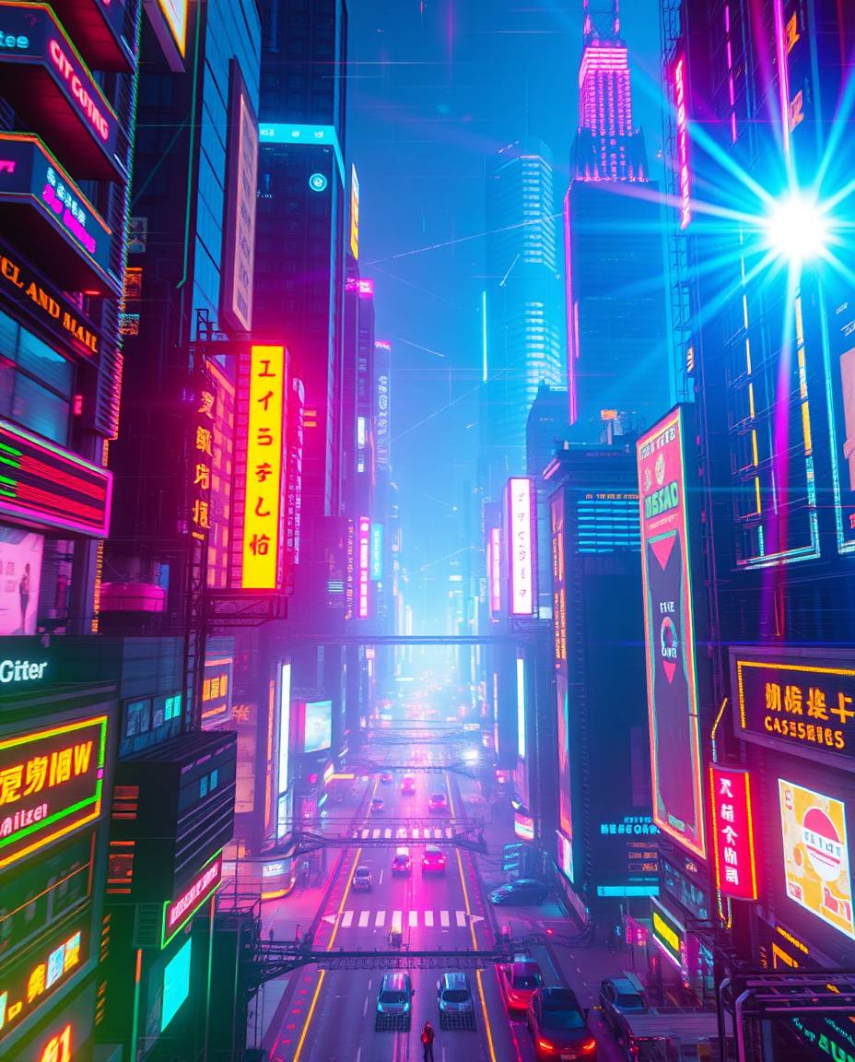 Explore a dazzling futuristic city caught in a digital glitch, where flickering lights dance among broken holograms and vibra