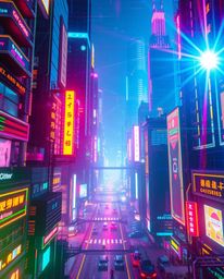 Explore a dazzling futuristic city caught in a digital glitch, where flickering lights dance among broken holograms and vibra