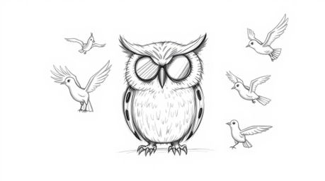 A hand-drawn sketch in Pixar style featuring a blind, wise-looking owl surrounded by birds sketching their dream wings. The a