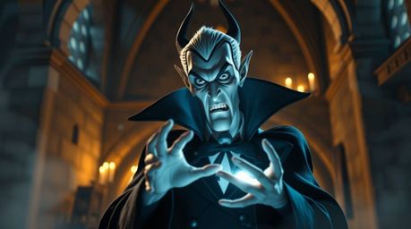 A classic Disney villain with sharp features and pale skin casts a powerful spell within the walls of an ancient castle. The