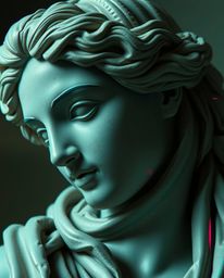 Explore the captivating collision of classical elegance and digital distortion in this artwork. A refined classical sculpture