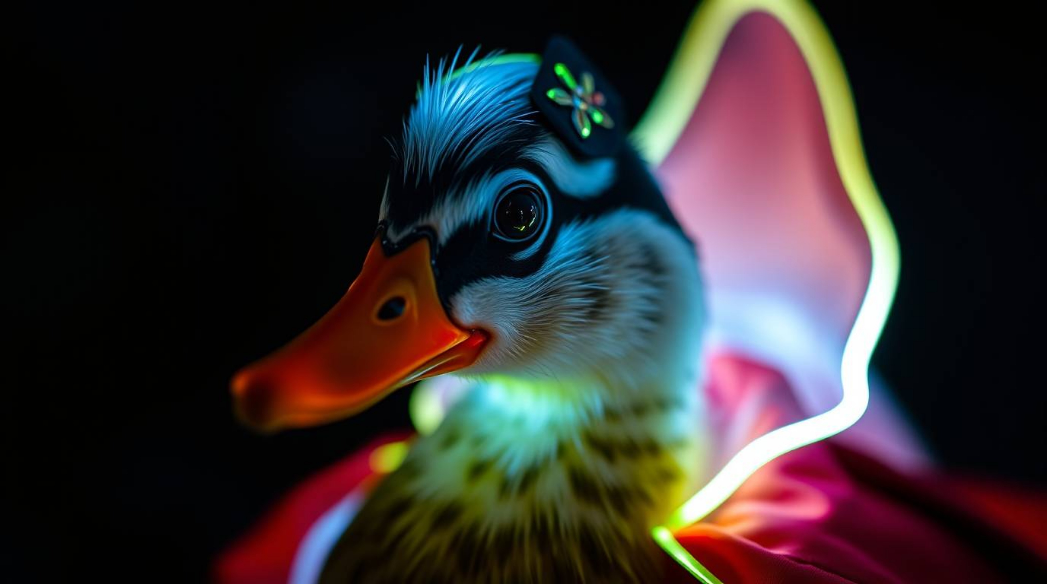 A captivating close-up shot featuring a bioluminescent duck donned in a zany superhero costume, radiating a vibrant glow. The