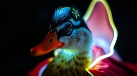 A captivating close-up shot featuring a bioluminescent duck donned in a zany superhero costume, radiating a vibrant glow. The