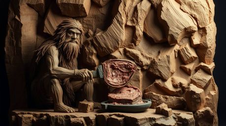A striking image of a caveman cooking mammoth meat, meticulously sculpted from layered papier-mâché. The artwork utilizes str