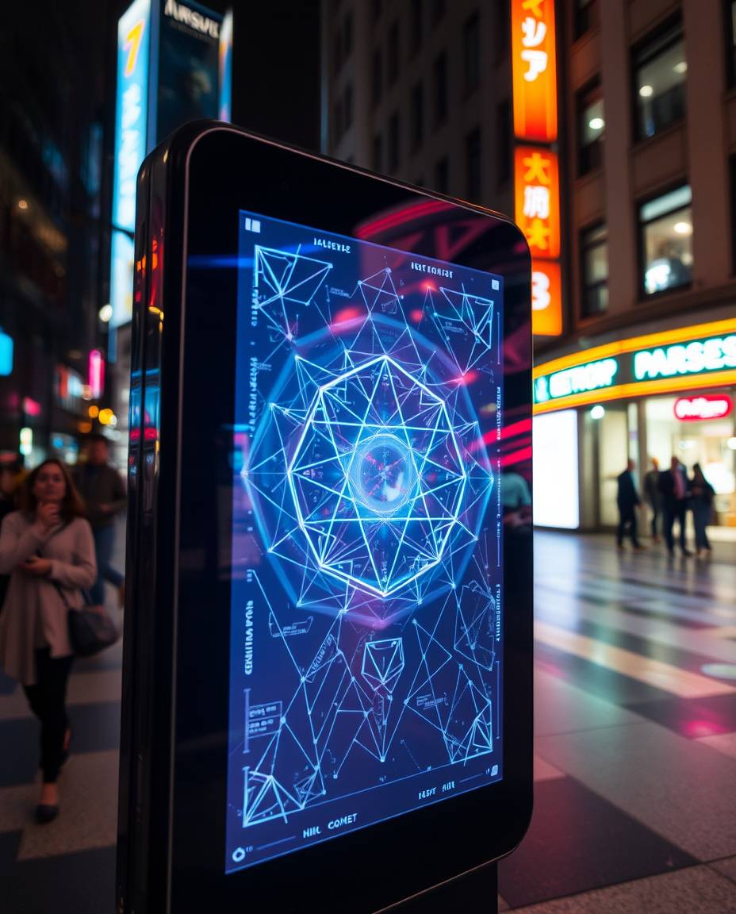 This captivating candid street photography showcases a futuristic digital interface seamlessly integrated into an urban setti
