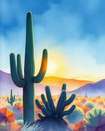 An epic and amazing modern, futuristic grand scene, beautifully depicted in delicate watercolor. At its heart, a desert cactu