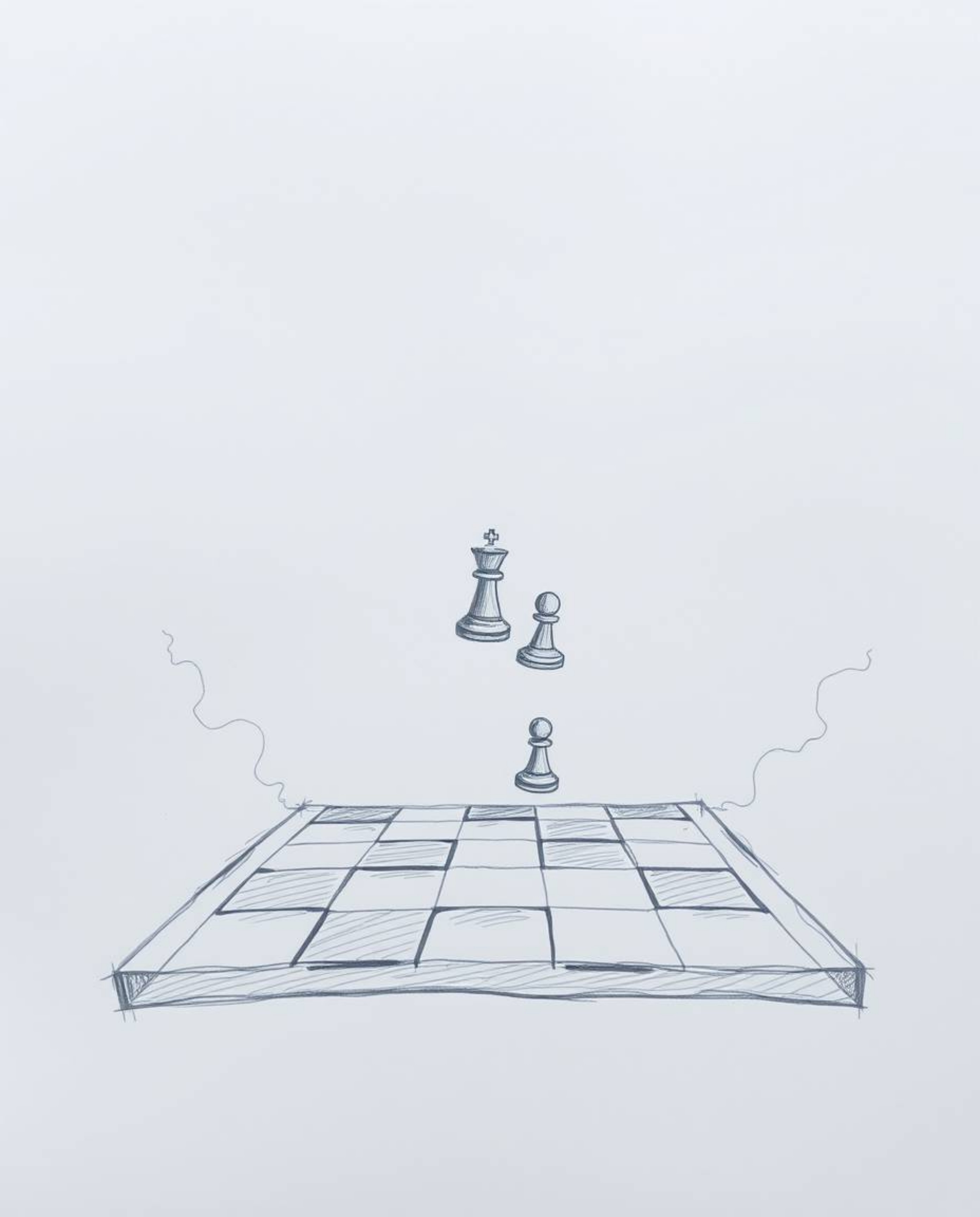 A captivating hand-drawn sketch depicts a chessboard suspended mid-air amidst a thick fog, its pieces frozen in a moment of c