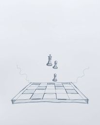 A captivating hand-drawn sketch depicts a chessboard suspended mid-air amidst a thick fog, its pieces frozen in a moment of c