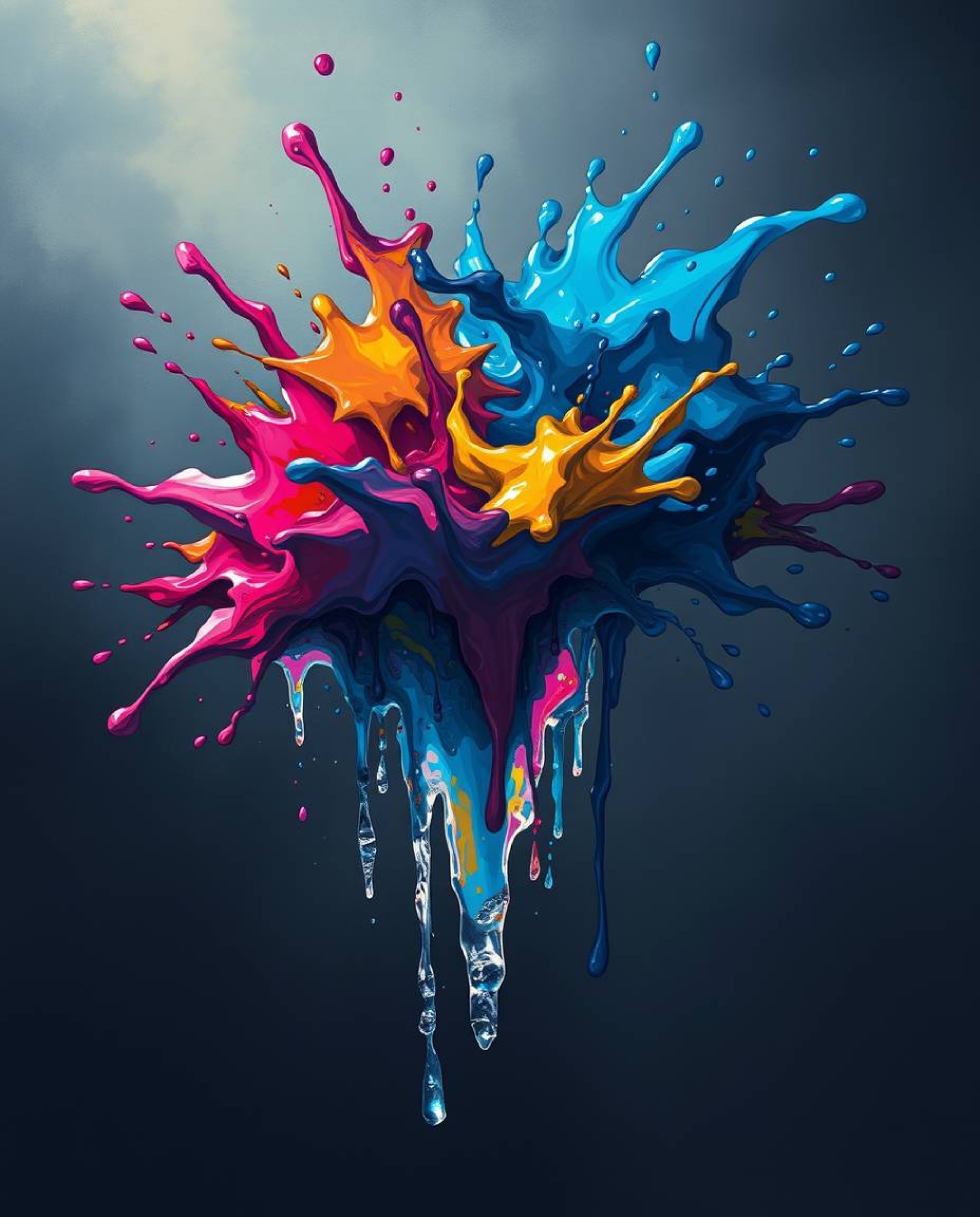 A captivating Isekai anime-style illustration showcasing a vibrant paint splash suspended in mid-air. Rendered with a moody c