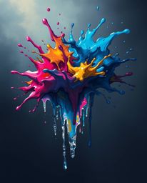 A captivating Isekai anime-style illustration showcasing a vibrant paint splash suspended in mid-air. Rendered with a moody c