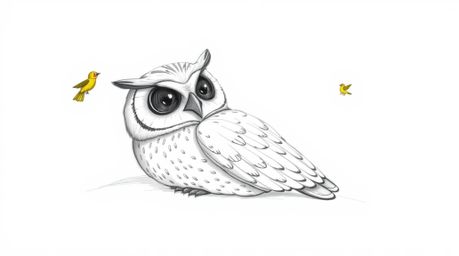A charming Pixar-style hand-drawn sketch showcases a blind owl, rendered with detailed, textured pencil strokes. The owl, its