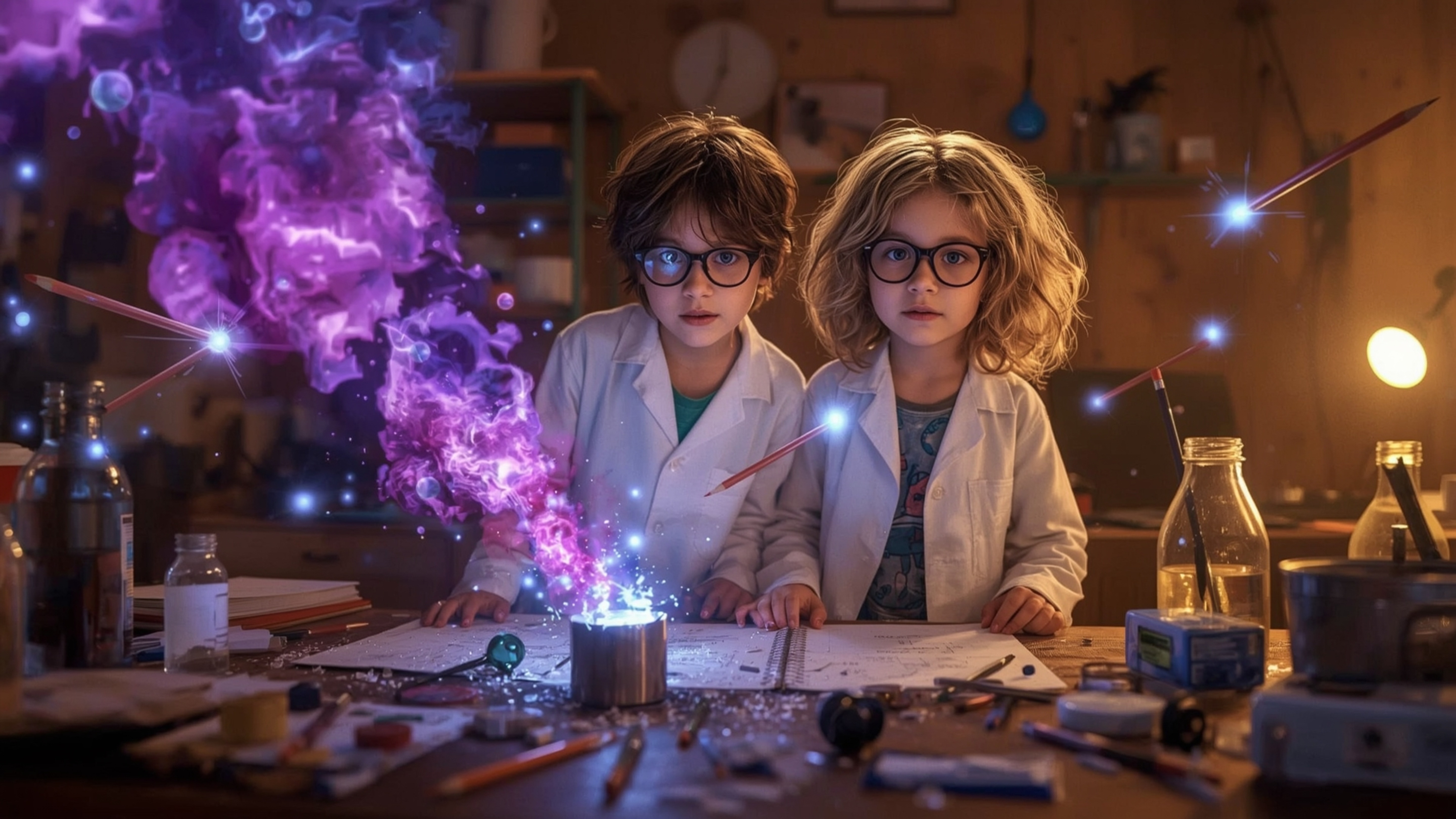 In a vibrant, cinematic photograph rendered in a hyper-realistic, Pixar-inspired style, a dynamic science fair duo unwittingl