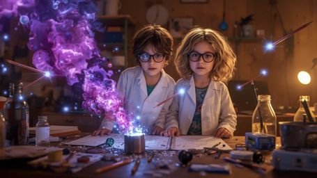 In a vibrant, cinematic photograph rendered in a hyper-realistic, Pixar-inspired style, a dynamic science fair duo unwittingl