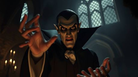 A classic Disney villain with sharp features and pale skin casts a spell within the eerie confines of an old, gothic castle.