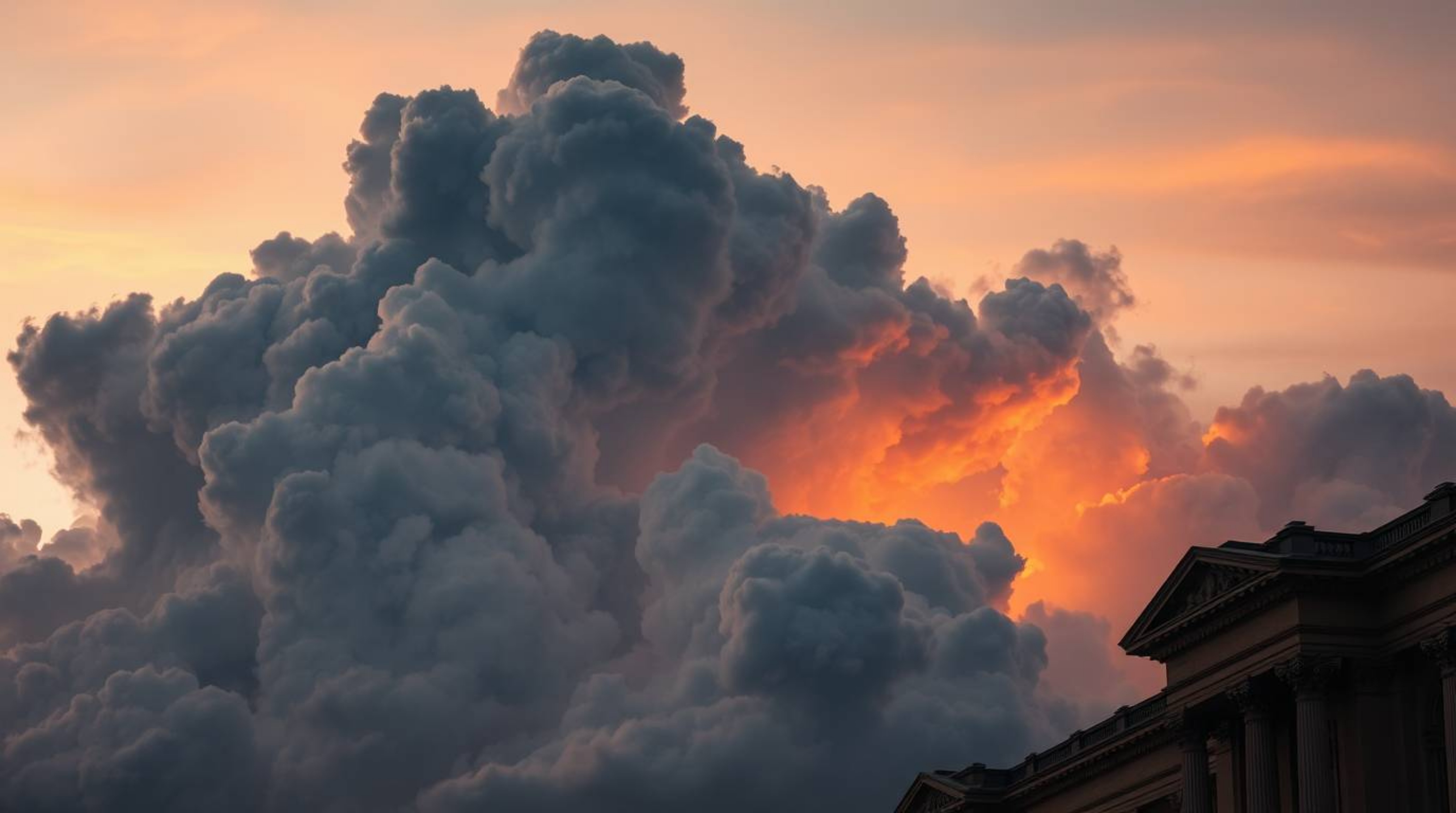 A precise architectural color photograph capturing jet-black thunderstorm clouds dramatically illuminated by the warm light o